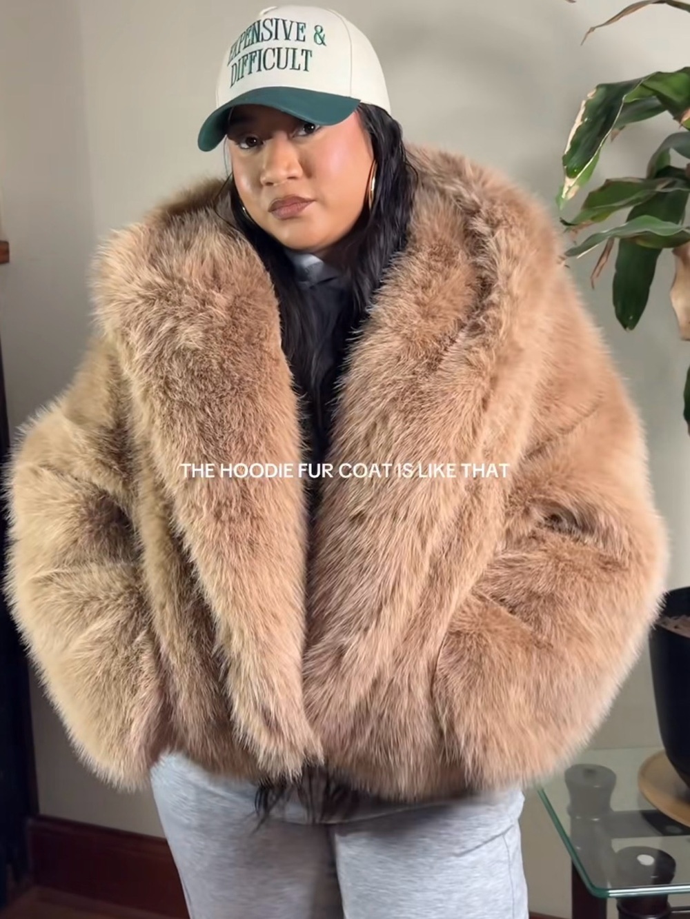 Luxury Oversized Faux Fur Hooded Coat | Plush Winter Jacket | Camel Beige - M - Picture 9 of 13